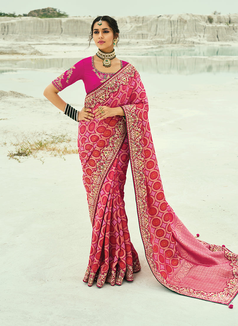 Monjolika Fashion Rani Pink Embroidered Georgette Bandhej Designer Saree | Grocsy