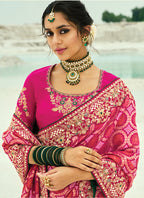 Monjolika Fashion Rani Pink Embroidered Georgette Bandhej Designer Saree | Grocsy