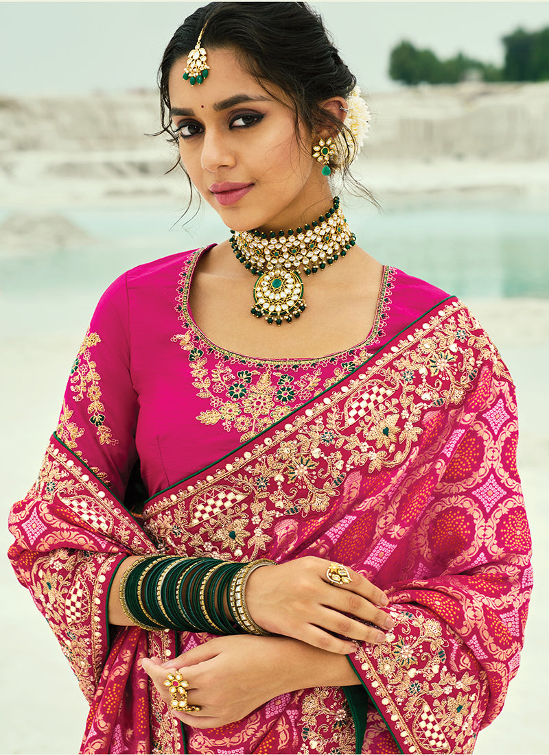 Monjolika Fashion Rani Pink Embroidered Georgette Bandhej Designer Saree | Grocsy