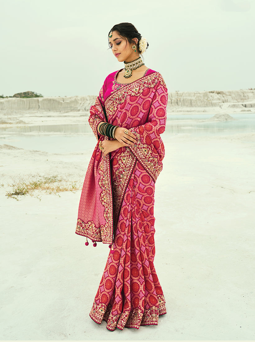 Monjolika Fashion Rani Pink Embroidered Georgette Bandhej Designer Saree | Grocsy