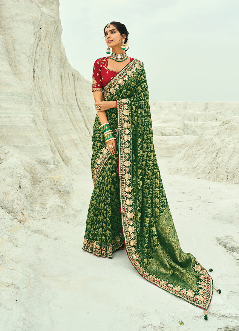 Monjolika Fashion Green Embroidered Georgette Bandhej Designer Saree | Grocsy
