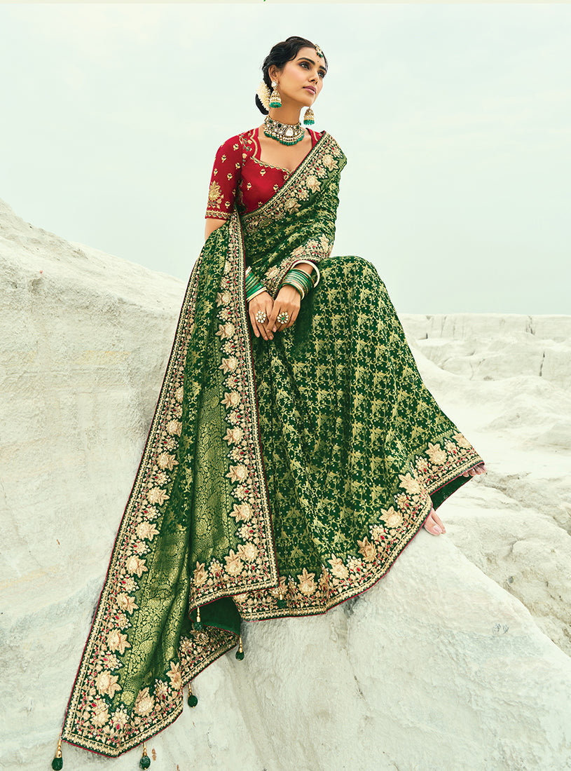 Monjolika Fashion Green Embroidered Georgette Bandhej Designer Saree | Grocsy