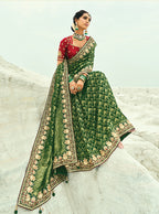 Monjolika Fashion Green Embroidered Georgette Bandhej Designer Saree | Grocsy
