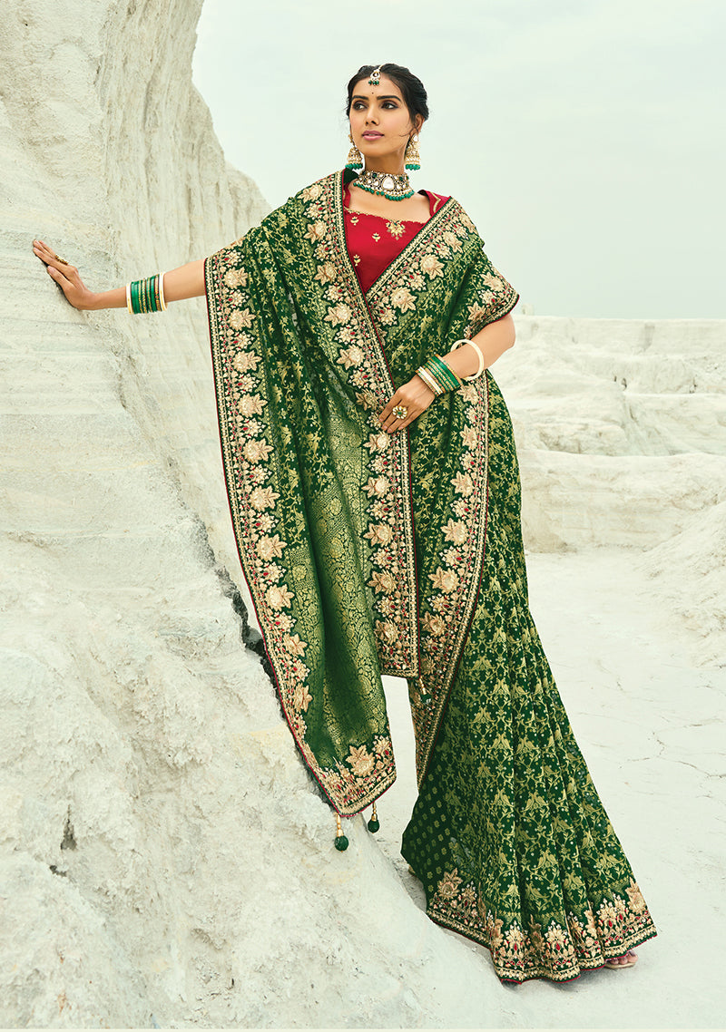 Monjolika Fashion Green Embroidered Georgette Bandhej Designer Saree | Grocsy