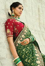 Monjolika Fashion Green Embroidered Georgette Bandhej Designer Saree | Grocsy