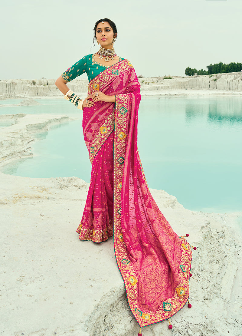 Monjolika Fashion Rani Pink Embroidered Georgette Bandhej Designer Saree | Grocsy
