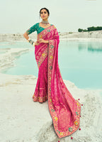 Monjolika Fashion Rani Pink Embroidered Georgette Bandhej Designer Saree | Grocsy