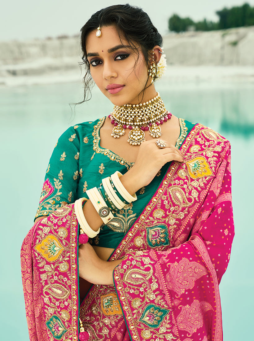 Monjolika Fashion Rani Pink Embroidered Georgette Bandhej Designer Saree | Grocsy