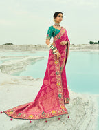 Monjolika Fashion Rani Pink Embroidered Georgette Bandhej Designer Saree | Grocsy