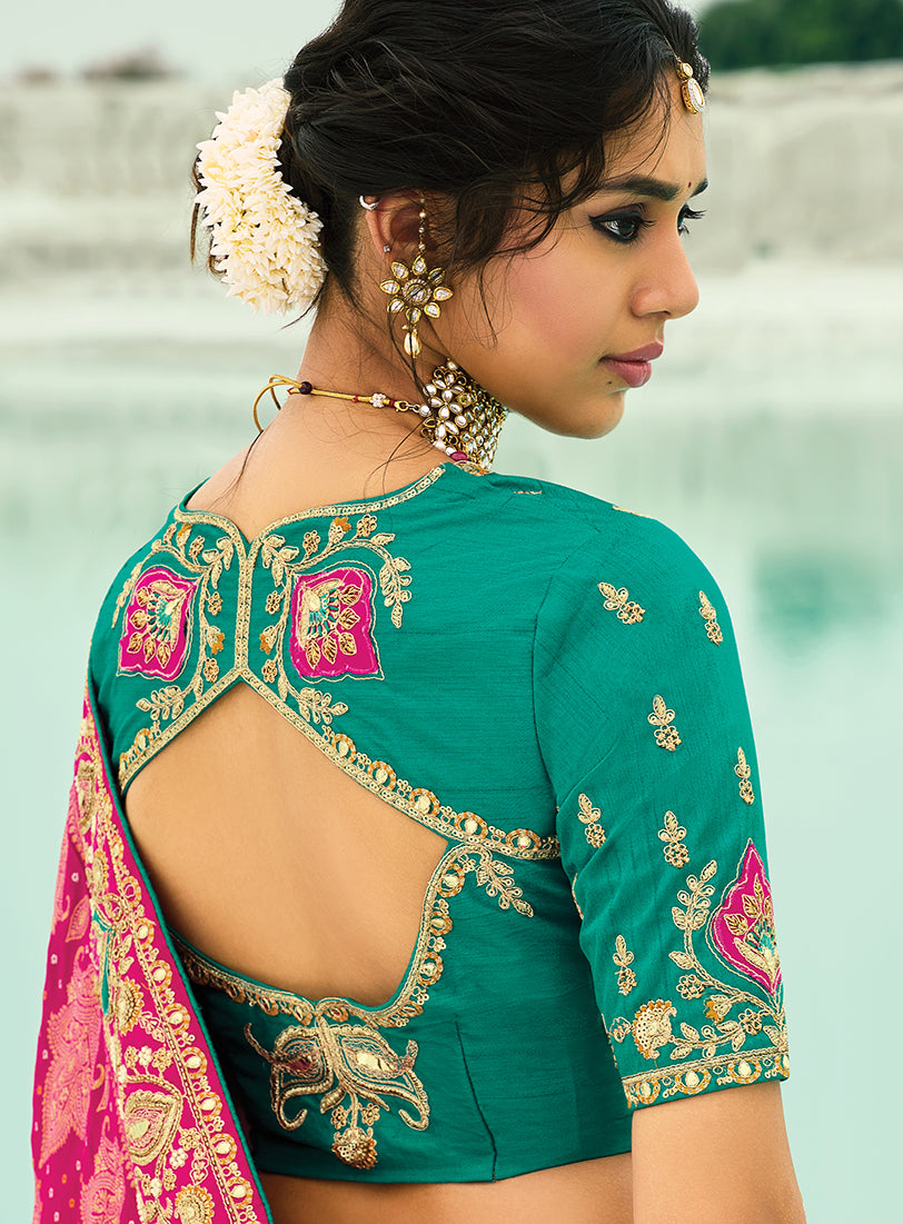 Monjolika Fashion Rani Pink Embroidered Georgette Bandhej Designer Saree | Grocsy