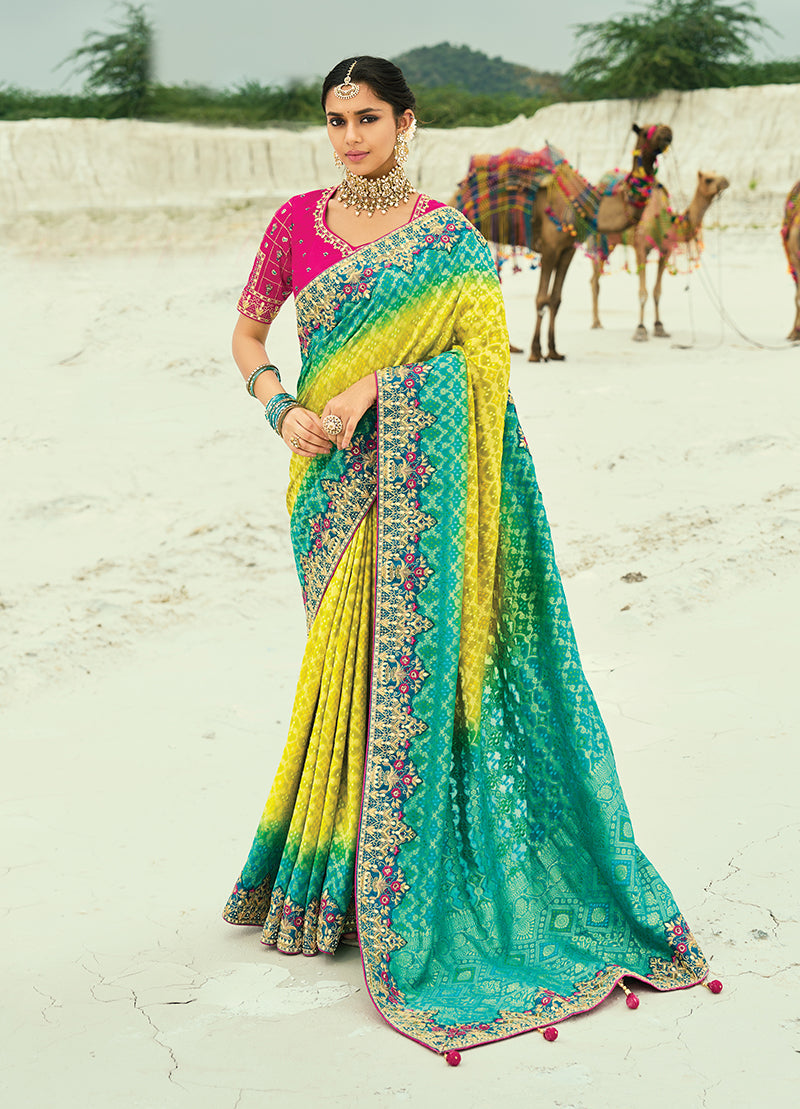 Monjolika Fashion Multicolor Embroidered Georgette Bandhej Designer Saree | Grocsy