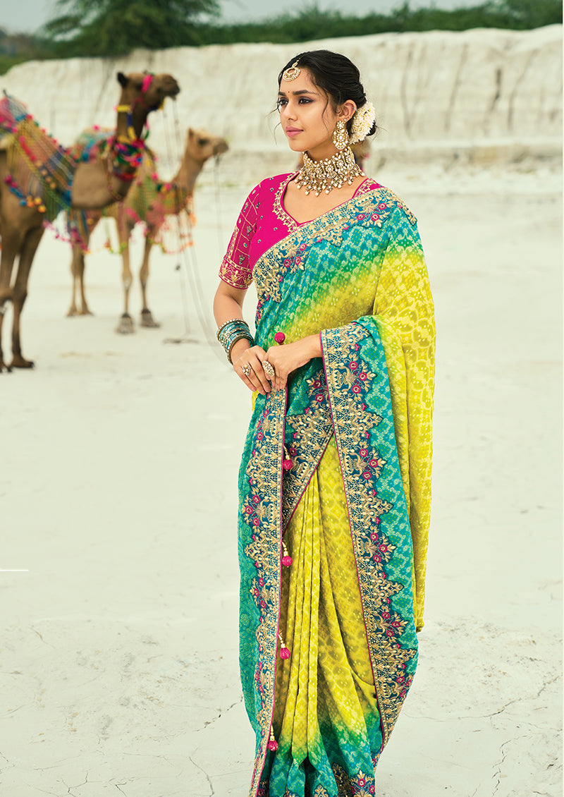 Monjolika Fashion Multicolor Embroidered Georgette Bandhej Designer Saree | Grocsy