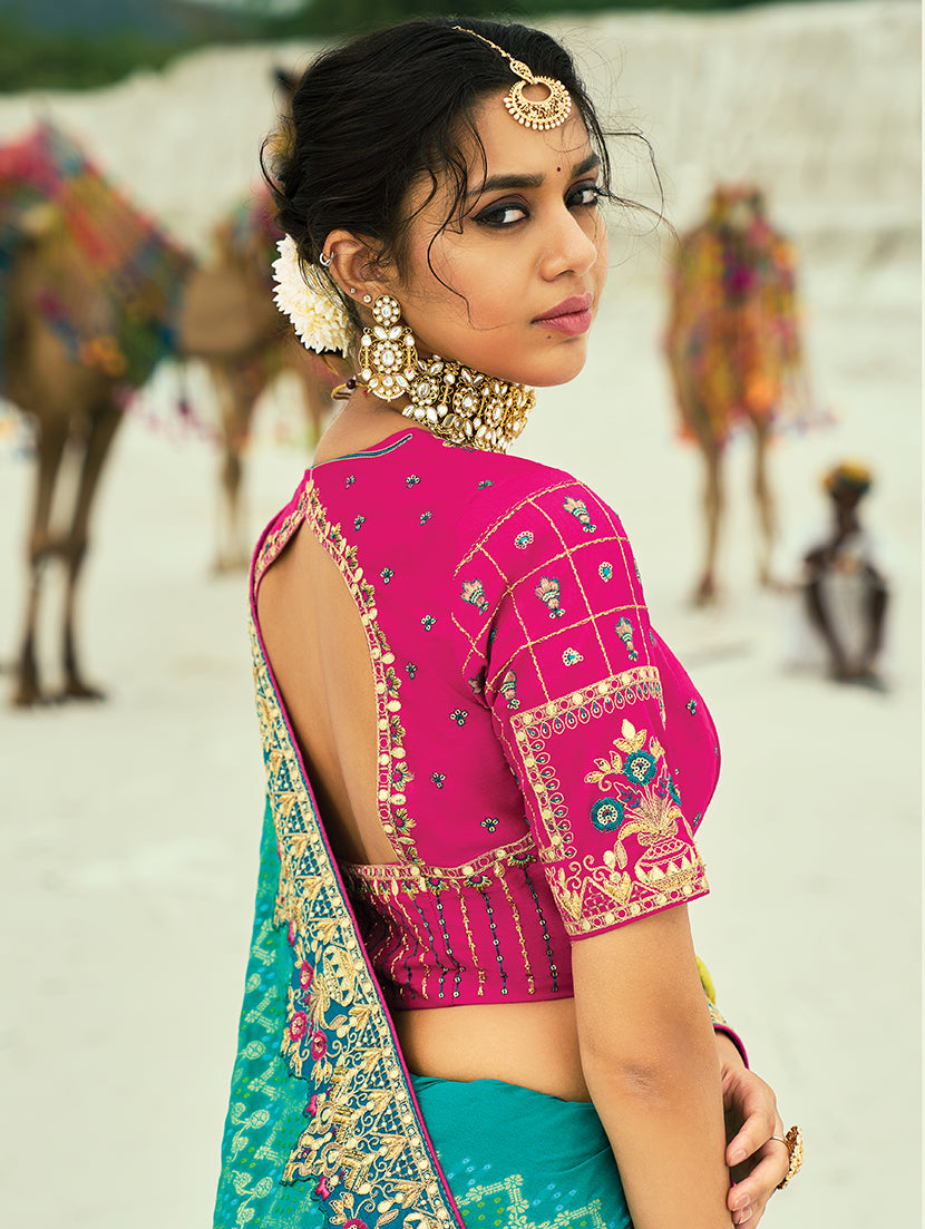 Monjolika Fashion Multicolor Embroidered Georgette Bandhej Designer Saree | Grocsy