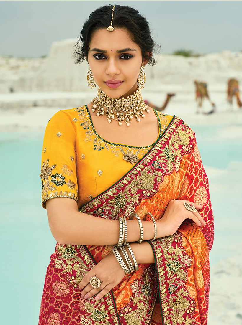 Monjolika Fashion Multicolor Embroidered Georgette Bandhej Designer Saree | Grocsy
