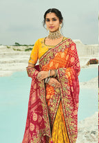 Monjolika Fashion Multicolor Embroidered Georgette Bandhej Designer Saree | Grocsy