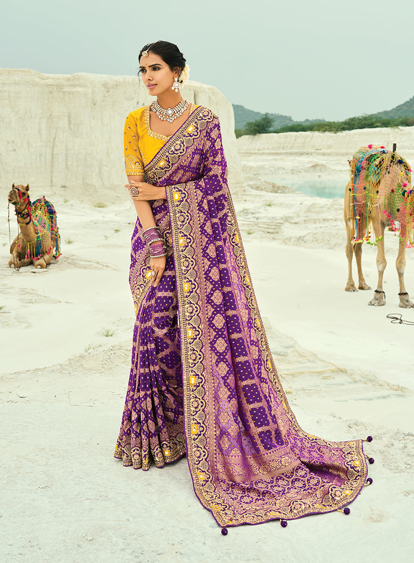 Monjolika Fashion Purple Embroidered Georgette Bandhej Designer Saree | Grocsy