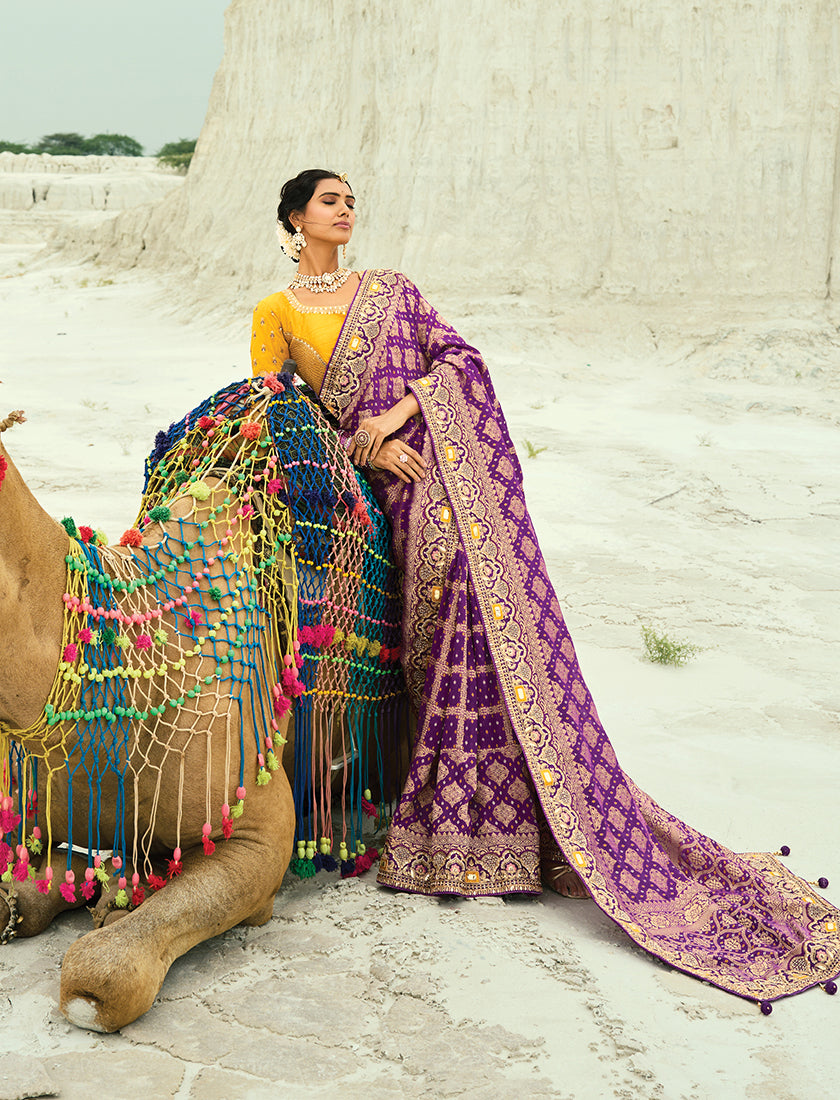 Monjolika Fashion Purple Embroidered Georgette Bandhej Designer Saree | Grocsy