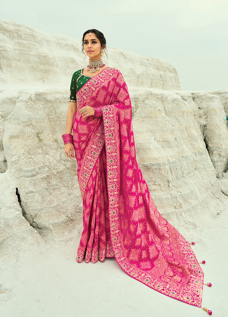 Monjolika Fashion Rani Pink Embroidered Georgette Bandhej Designer Saree | Grocsy