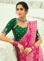 Monjolika Fashion Rani Pink Embroidered Georgette Bandhej Designer Saree | Grocsy