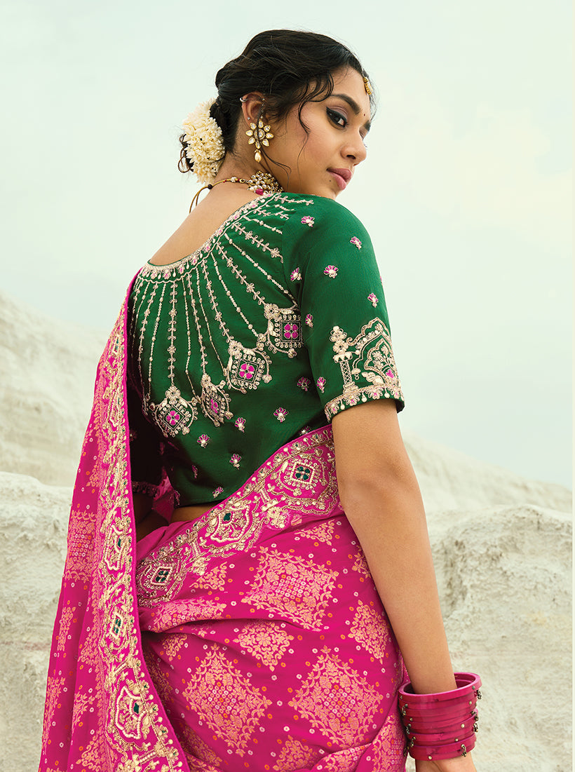 Monjolika Fashion Rani Pink Embroidered Georgette Bandhej Designer Saree | Grocsy