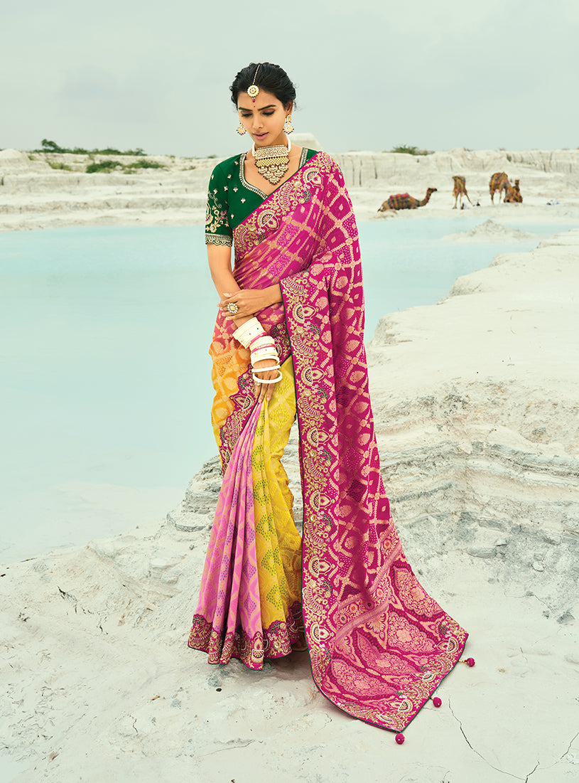 Monjolika Fashion Multicolor Embroidered Georgette Bandhej Designer Saree | Grocsy