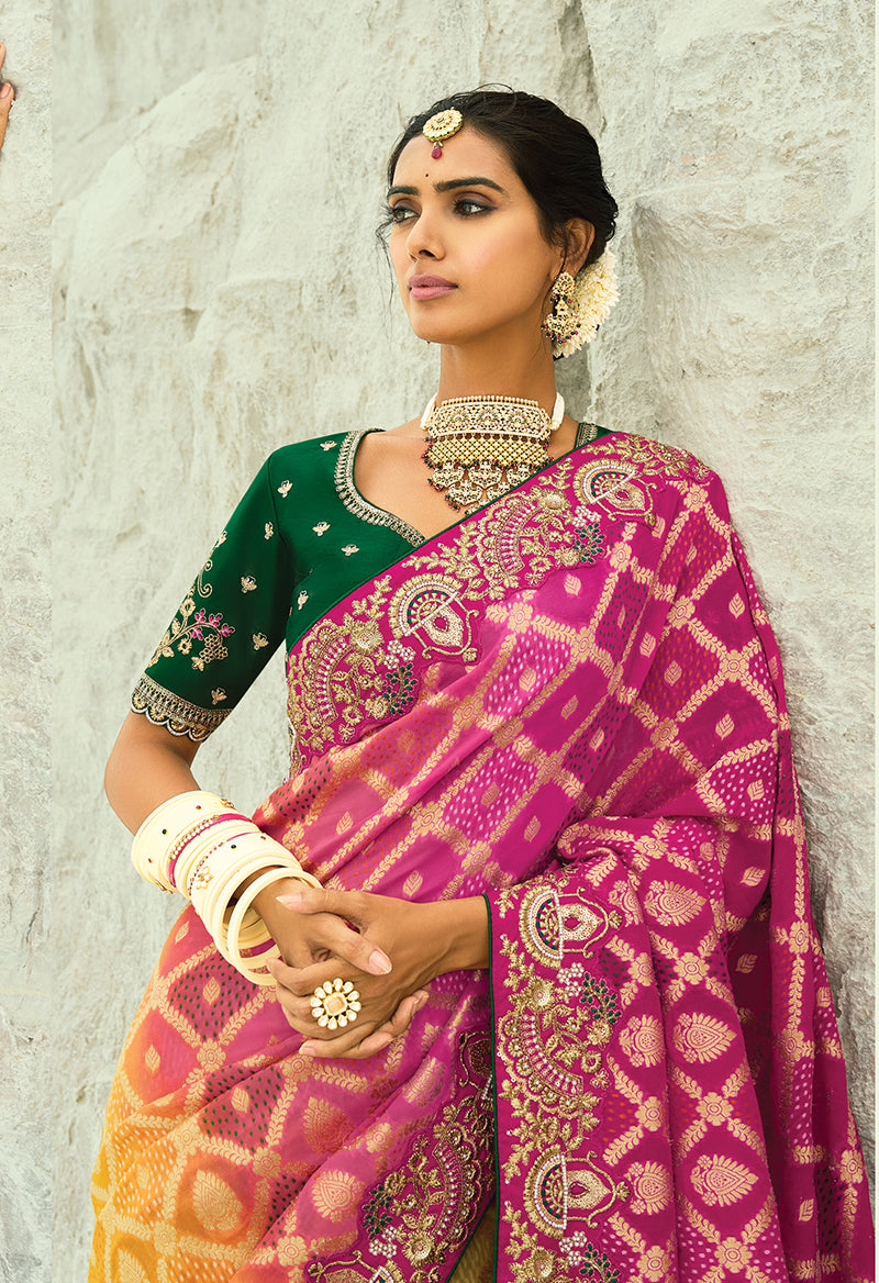 Monjolika Fashion Multicolor Embroidered Georgette Bandhej Designer Saree | Grocsy