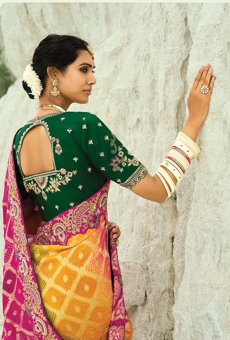 Monjolika Fashion Multicolor Embroidered Georgette Bandhej Designer Saree | Grocsy