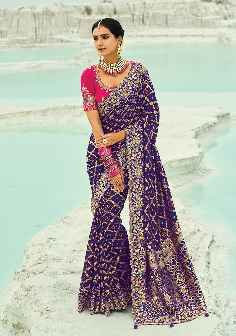 Monjolika Fashion Violet Embroidered Georgette Bandhej Designer Saree | Grocsy
