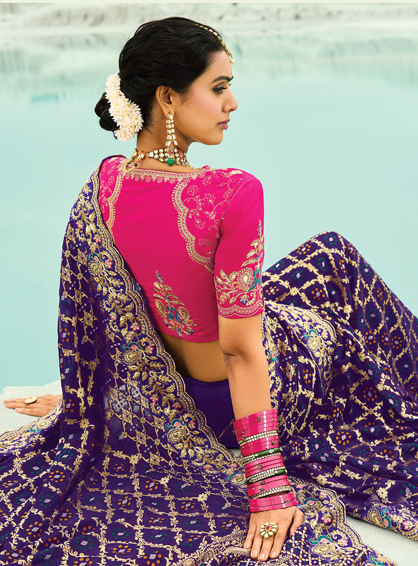 Monjolika Fashion Violet Embroidered Georgette Bandhej Designer Saree | Grocsy