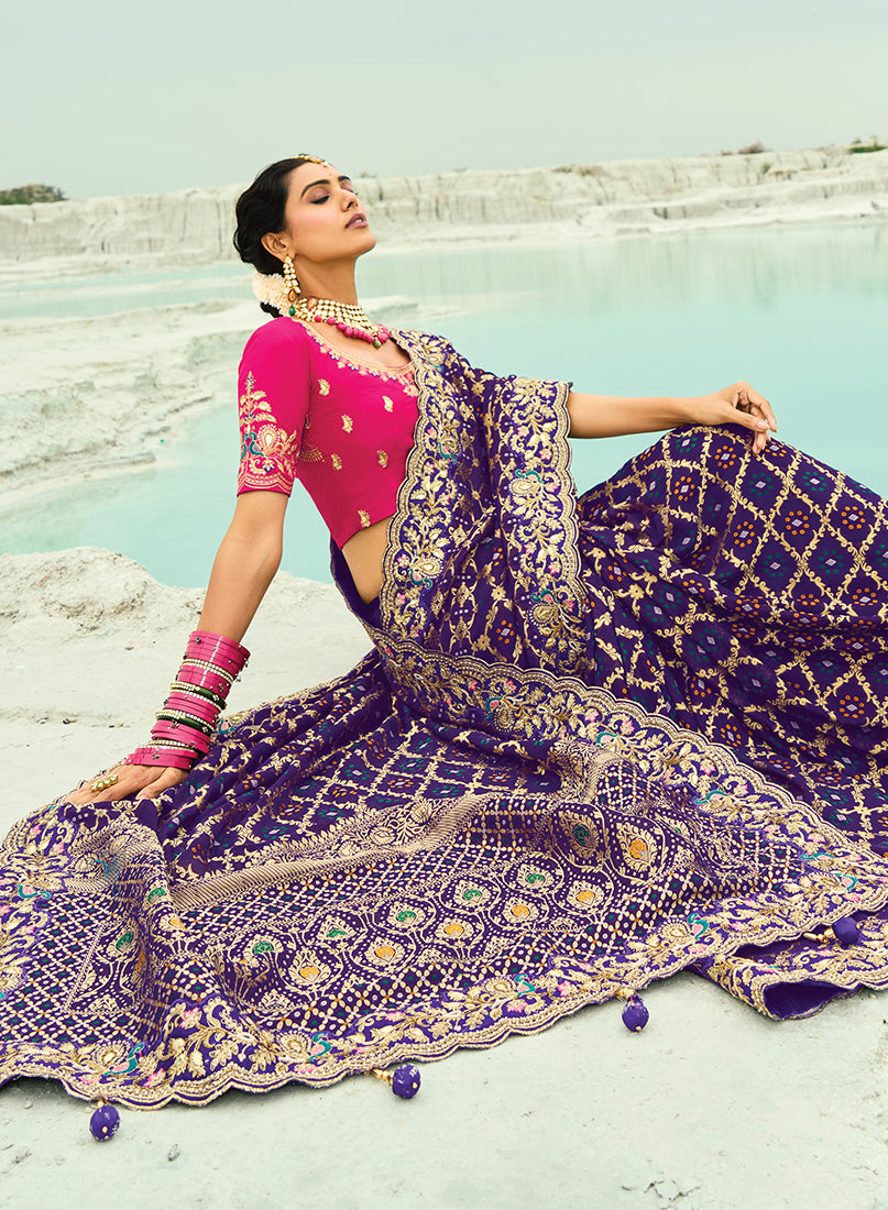 Monjolika Fashion Violet Embroidered Georgette Bandhej Designer Saree | Grocsy