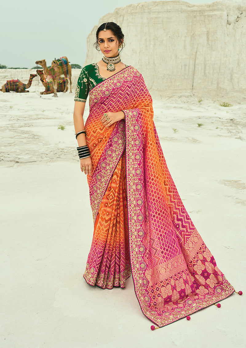 Monjolika Fashion Multicolor Embroidered Georgette Bandhej Designer Saree | Grocsy