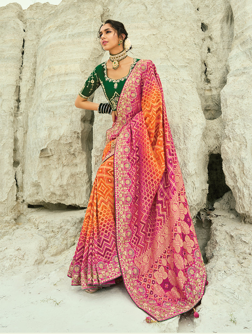 Monjolika Fashion Multicolor Embroidered Georgette Bandhej Designer Saree | Grocsy