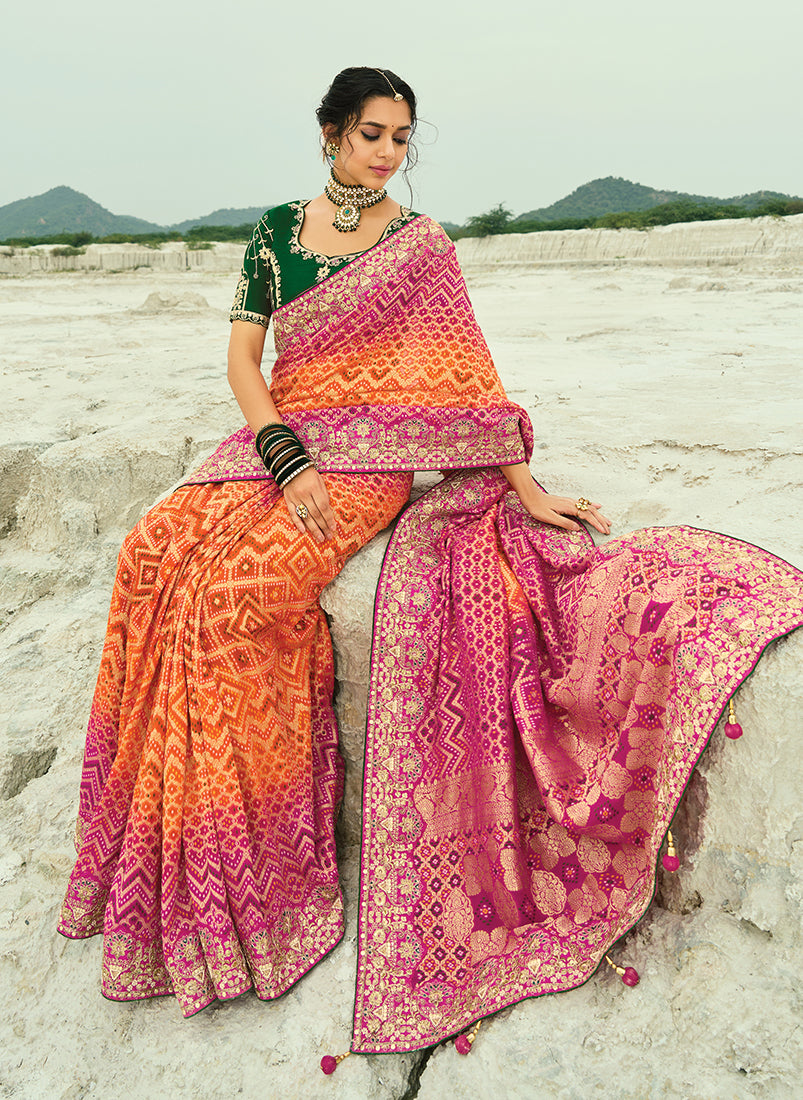 Monjolika Fashion Multicolor Embroidered Georgette Bandhej Designer Saree | Grocsy