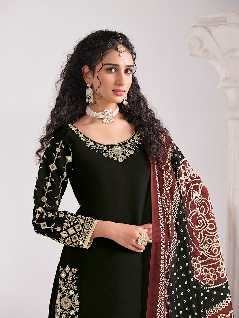 Monjolika Fashion Embroidered Chanderi Silk Black Mirror Work Salwar Kameez | Grocsy