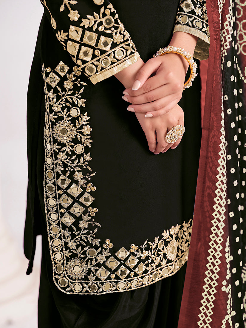 Monjolika Fashion Embroidered Chanderi Silk Black Mirror Work Salwar Kameez | Grocsy