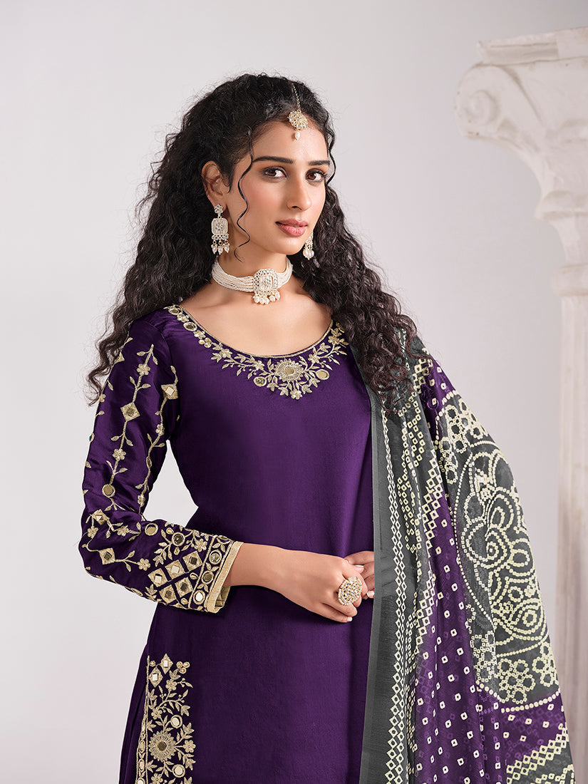 Monjolika Fashion Embroidered Chanderi Silk Purple Mirror Work Salwar Kameez | Grocsy