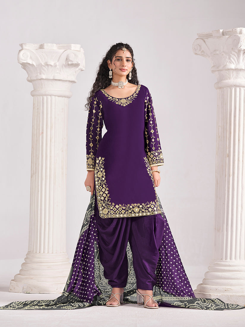 Monjolika Fashion Embroidered Chanderi Silk Purple Mirror Work Salwar Kameez | Grocsy