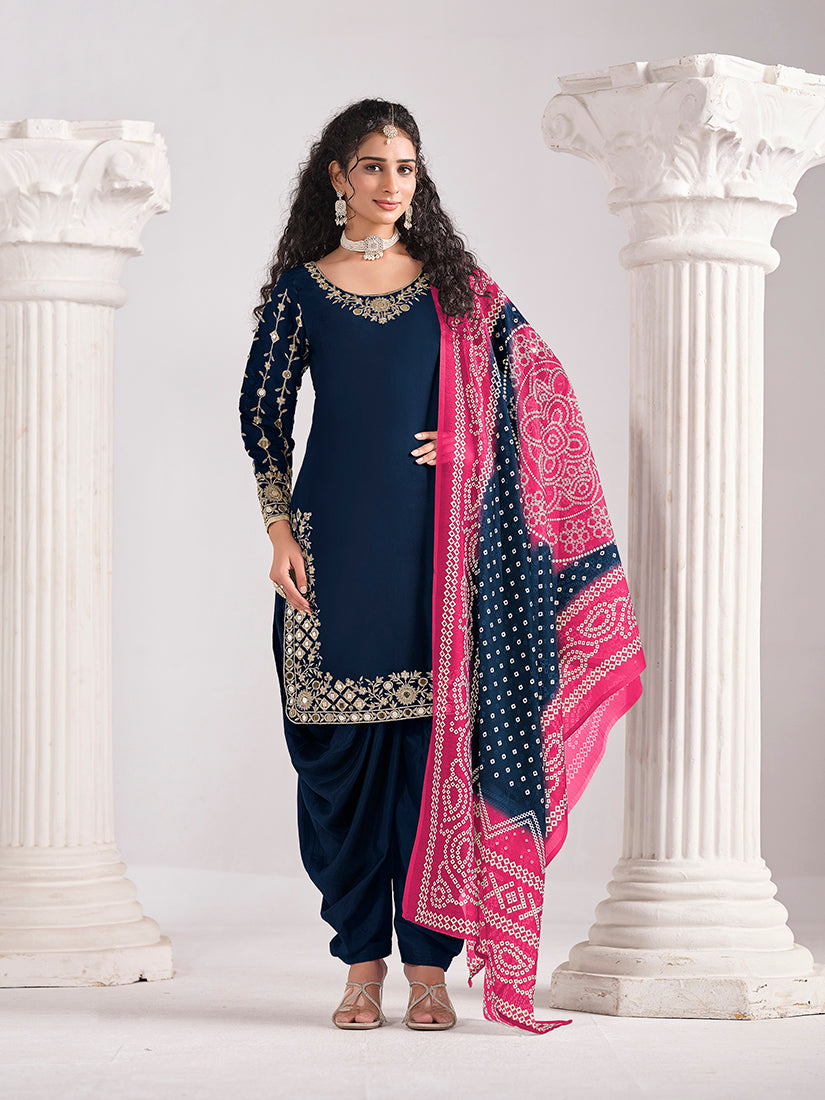 Monjolika Fashion Embroidered Chanderi Silk Navy Blue Mirror Work Salwar Kameez | Grocsy