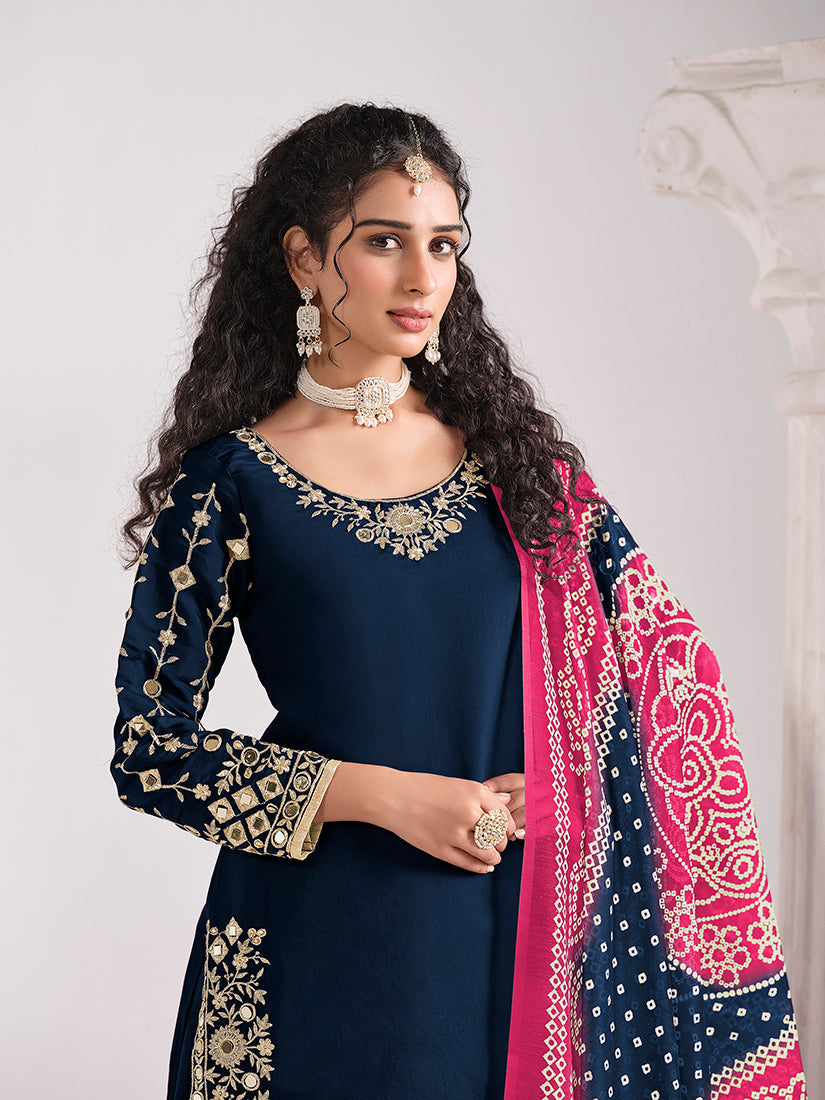 Monjolika Fashion Embroidered Chanderi Silk Navy Blue Mirror Work Salwar Kameez | Grocsy