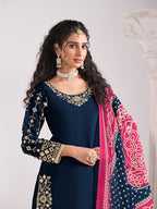 Monjolika Fashion Embroidered Chanderi Silk Navy Blue Mirror Work Salwar Kameez | Grocsy
