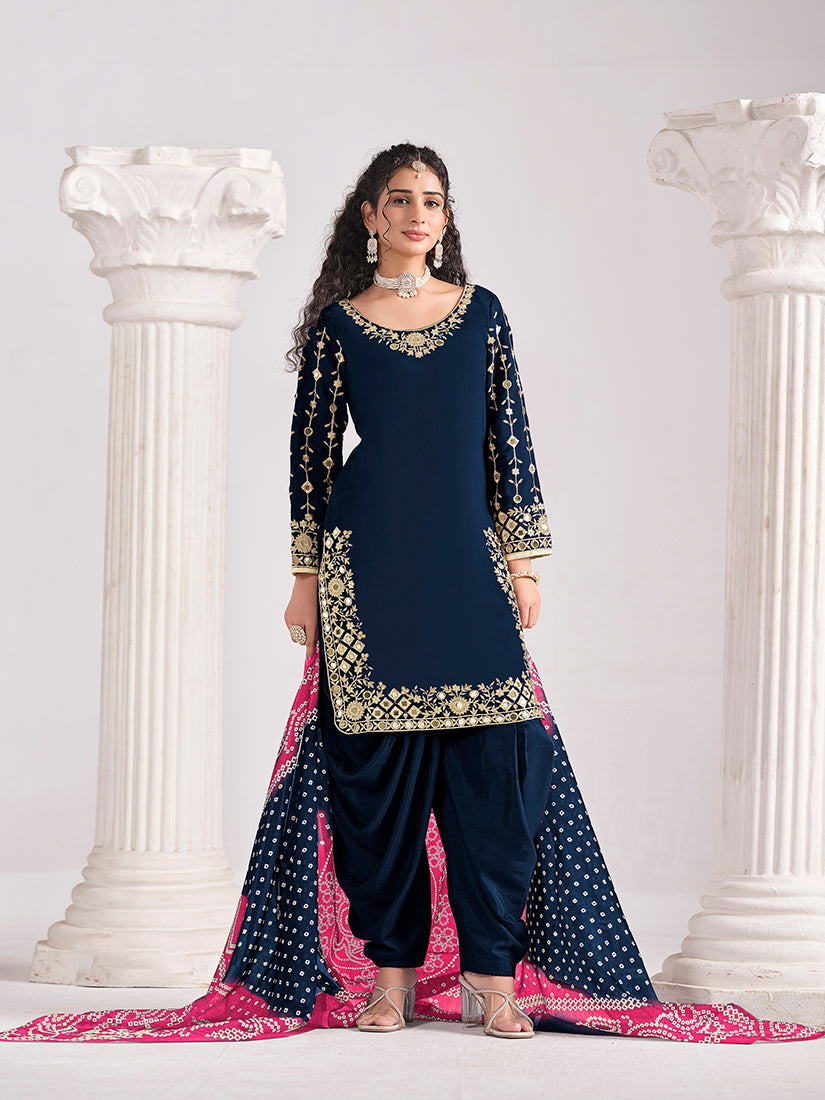 Monjolika Fashion Embroidered Chanderi Silk Navy Blue Mirror Work Salwar Kameez | Grocsy