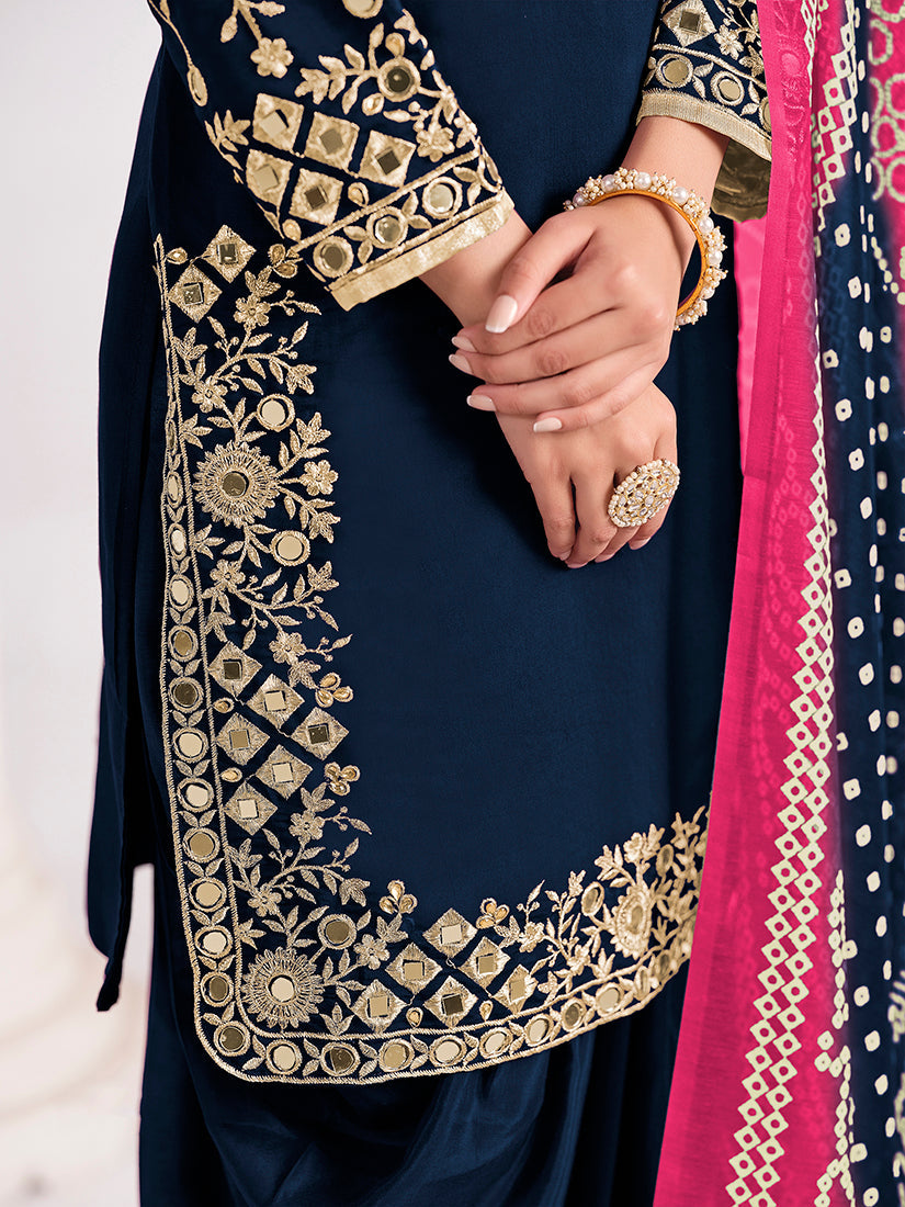 Monjolika Fashion Embroidered Chanderi Silk Navy Blue Mirror Work Salwar Kameez | Grocsy