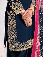 Monjolika Fashion Embroidered Chanderi Silk Navy Blue Mirror Work Salwar Kameez | Grocsy