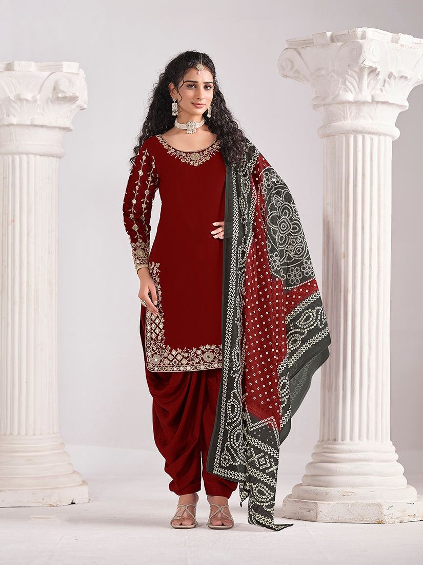 Monjolika Fashion Embroidered Chanderi Silk Maroon Mirror Work Salwar Kameez | Grocsy