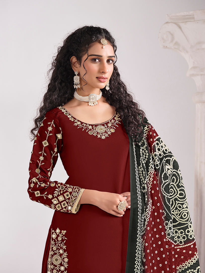 Monjolika Fashion Embroidered Chanderi Silk Maroon Mirror Work Salwar Kameez | Grocsy