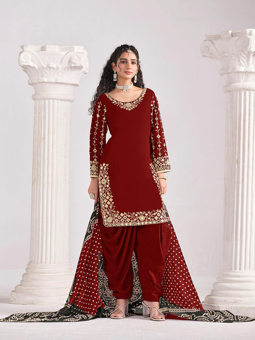 Monjolika Fashion Embroidered Chanderi Silk Maroon Mirror Work Salwar Kameez | Grocsy
