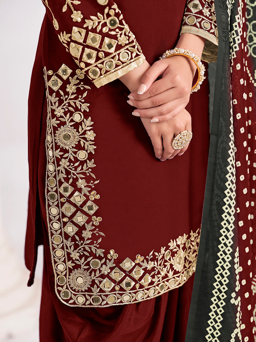 Monjolika Fashion Embroidered Chanderi Silk Maroon Mirror Work Salwar Kameez | Grocsy