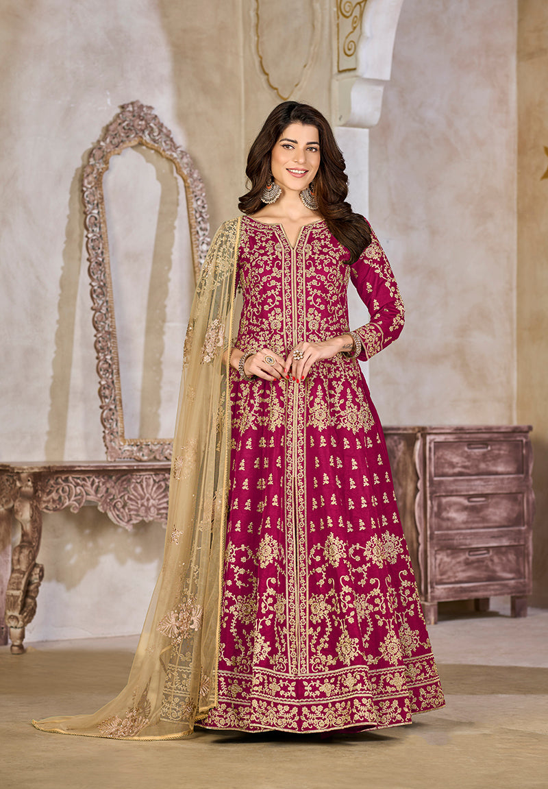 Monjolika Fashion Rani Pink Color Art Silk Embroidered Anarkali Salwar Kameez | Grocsy