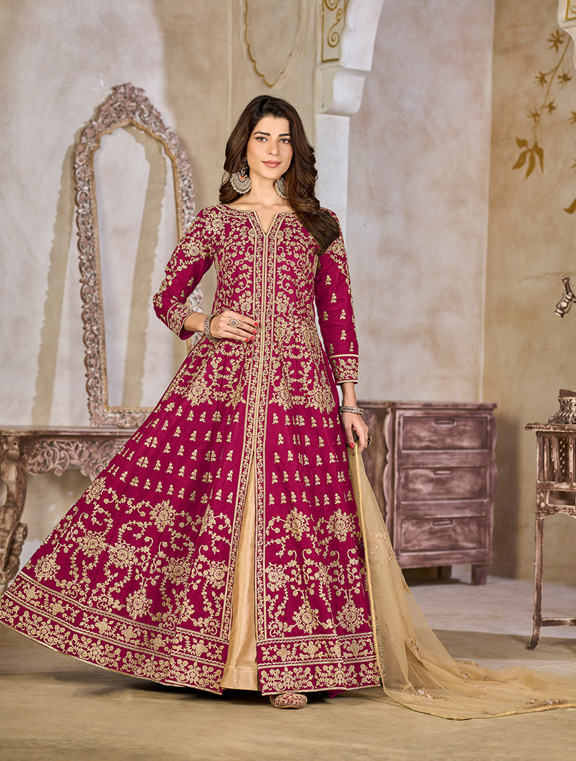 Monjolika Fashion Rani Pink Color Art Silk Embroidered Anarkali Salwar Kameez | Grocsy