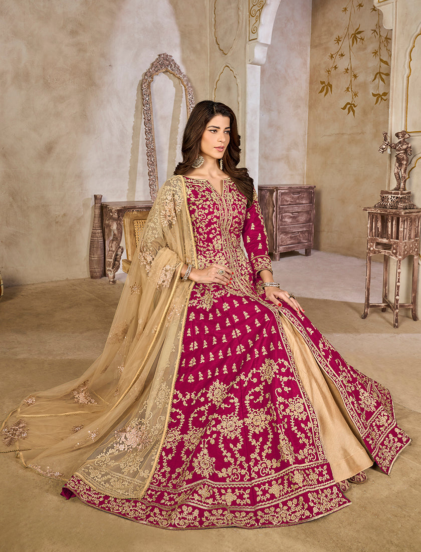 Monjolika Fashion Rani Pink Color Art Silk Embroidered Anarkali Salwar Kameez | Grocsy